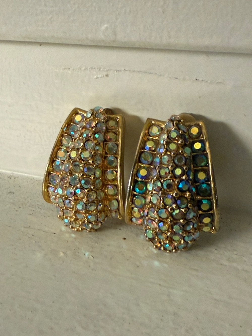 Vintage Gold-Tone Aurora Borealis Crystal Cluster Clip Earrings